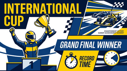 Obraz premium International Cup Grand Final Winner Champion Holds Trophy Celebrate Victory On Podium With Racing