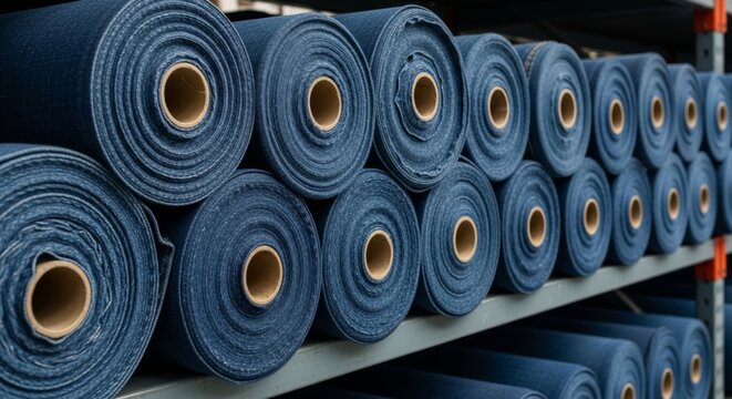 Neatly stacked indigo denim fabric rolls on industrial warehouse shelves, ready for textile manufacturing and apparel production