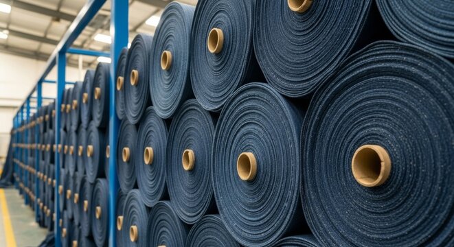 Stack of blue indigo denim fabric rolls in a warehouse rack, showcasing textile manufacturing and craftsmanship.