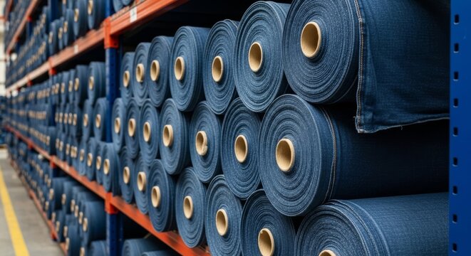 Massive rolls of indigo denim fabric stacked in a warehouse for manufacturing jeans, showcasing industrial textile production.