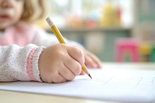 Close-up of a young child&rsquo;s hand holding a yellow pencil and drawing on paper at a desk, with a blurred classroom background.
