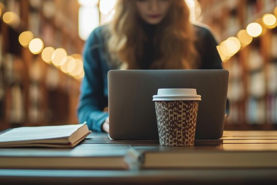 Blurred woman working on a laptop at a wooden table with a takeaway coffee cup and open notebook in a warm indoor setting.