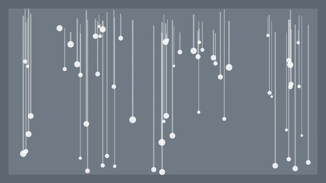 Minimalist abstract motion animation 4k background, with falling white, circles and vertical, lines on grey