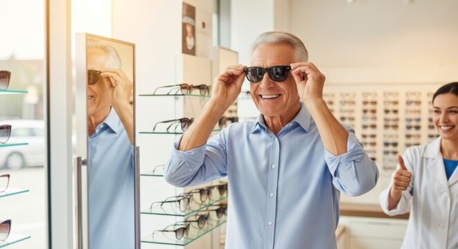 Cheerful senior man trying on sunglasses at an optical store, with a supportive consultant giving a thumbs-up, bright lighting and positive customer experience