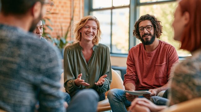 Smiling coworkers having friendly discussion in modern office
