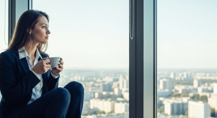 Fototapeta premium Businesswoman in suit holding coffee cup looking out office window at city skyline, thoughtful contemplation