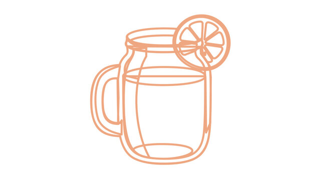Peach line vector illustration of a mason jar iced tea with handle and citrus slice garnish, minimalist summer drink icon for cafe menus, lemonade labels, refreshment apps, packaging, and patio