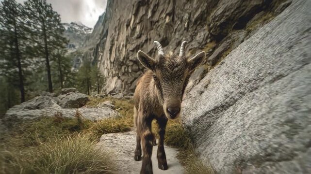 Low angle close shot of a Himalayan tahr walking on a serene mountain trail surrounded by steep rocks cool daylight detailed fur texture sharp focus and peaceful alpine mood