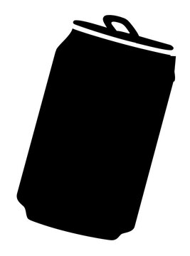 Tilted black soda can vector icon, bold flat beverage silhouette with pull tab lid on white background for soft drink labels, summer refreshment graphics, menus, stickers, and scalable design