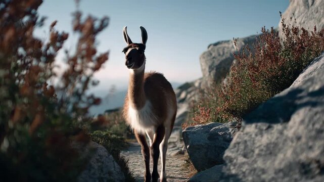 Low angle close shot of a llama walking through a quiet mountain path framed by rocks and alpine plants even lighting soft shadows focused composition peaceful natural setting