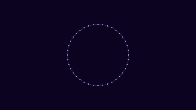 Minimalist loading spinner animation with glowing purple dots forming a circle on dark 4k background