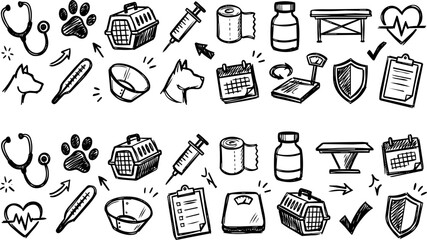 Fototapeta premium Hand Drawn Veterinary Pet Care Doodle Icons Set