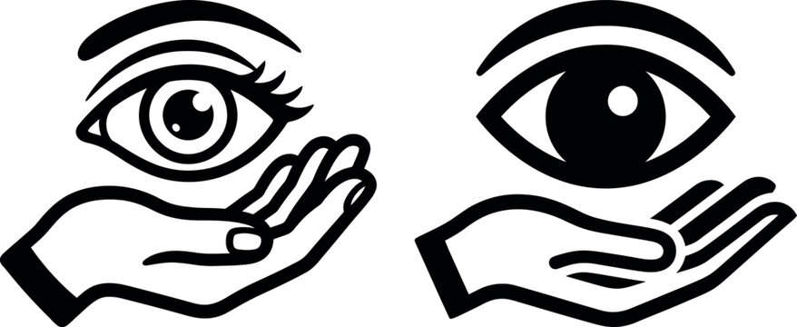 Human hands holding a human eye icon set with visionary gestures protection perception isolated