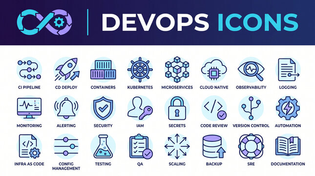 DevOps & CI/CD Duotone Outline Icons Set &ndash; Cloud, Kubernetes, Automation Vector Pack

