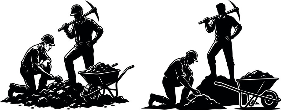 Coal miners working with pickaxes and wheelbarrow silhouette illustrations wheelbarrow industry