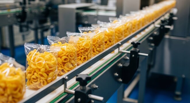 Packaged corn puff snacks moving on a conveyor belt in a modern food production factory