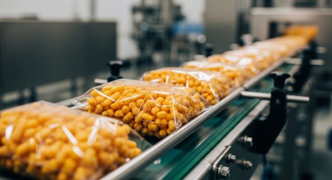 Golden corn puff snacks in clear packaging on a conveyor belt in a food production facility, emphasizing efficient manufacturing