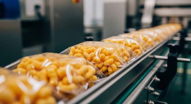 Golden corn puff snacks in clear packaging move along a food processing conveyor belt in a modern factory, highlighting production efficiency and automation