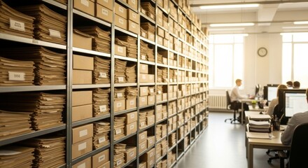 Obraz premium Document archives and office workers in warm sunlight, symbolizing organized business and diligent work