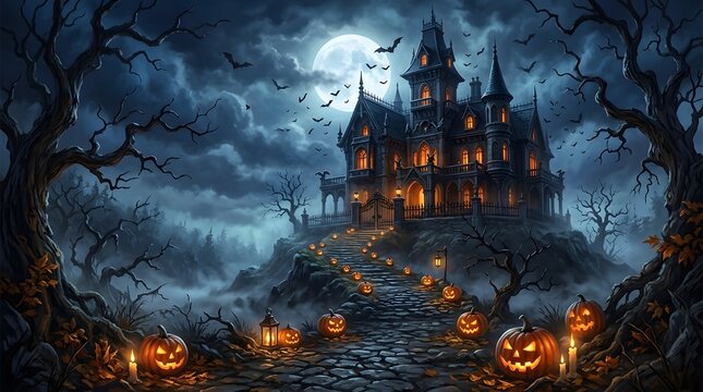 Spooky halloween haunted house with jack o lanterns on a cobblestone path