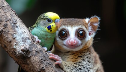 Fototapeta premium Budgerigar and mouse lemur perched together on a branch, fostering interspecies friendship