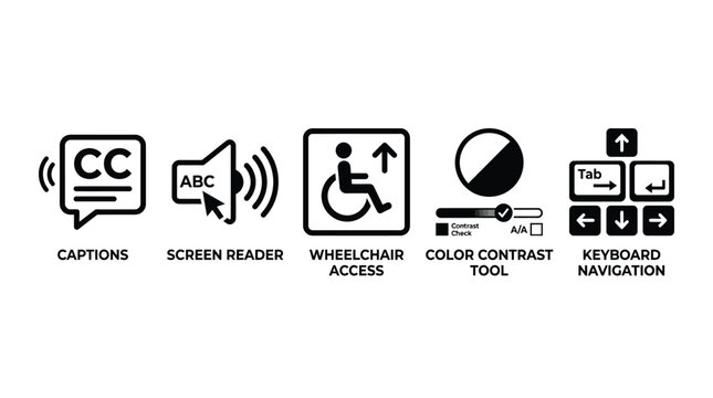 Set of black vector icons representing digital accessibility features for web design and user interface development on white background surfaces