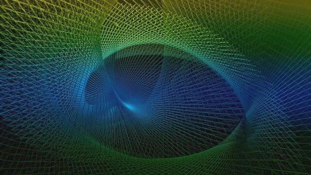 Abstract Geometric Wireframe Tunnel with Glowing Blue and Green Gradient Waves