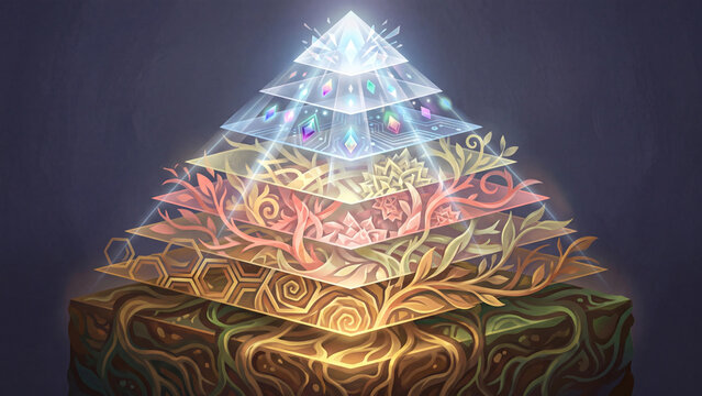 Layered pyramid structure with transparent geometric top level ornate middle section and earth nature base showing knowledge hierarchy and digital evolution