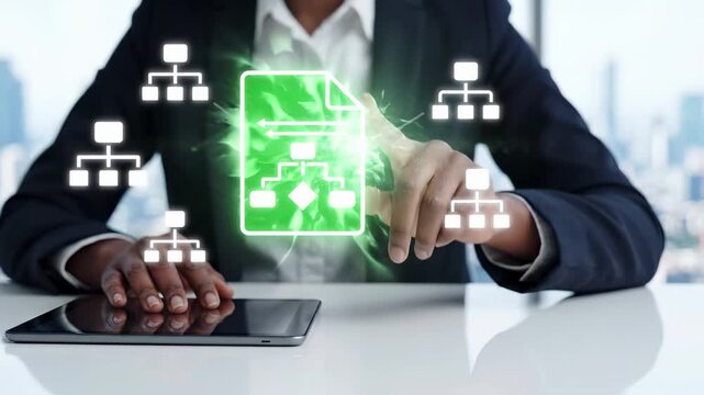 Business workflow automation and document management process. Digital technology system for data transfer, file exchange, and network integration. Professional working with tablet on optimization.