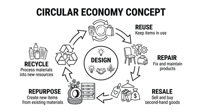 Detailed vector illustration showing a circular economy concept diagram with icons for reuse repair resale recycle and creative design processes