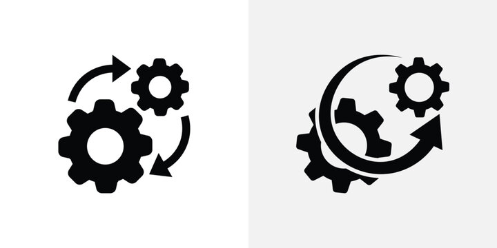 Two black gear with circular arrows indicating rotation and mechanical process flow on a plain light gray background, for industry