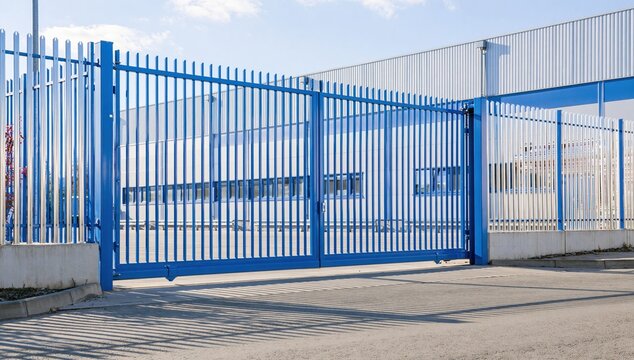 Blue metal fence with gate along exterior walkway and pavement