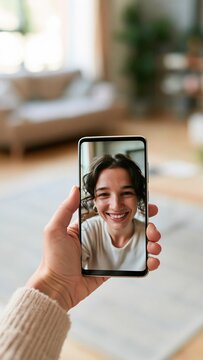 Happy woman video chatting on smartphone in cozy living room