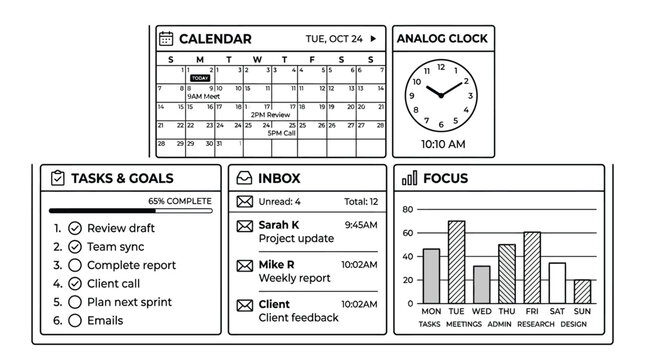 Professional vector illustration of a digital office dashboard featuring daily calendar tasks email inbox and productivity progress bar charts today