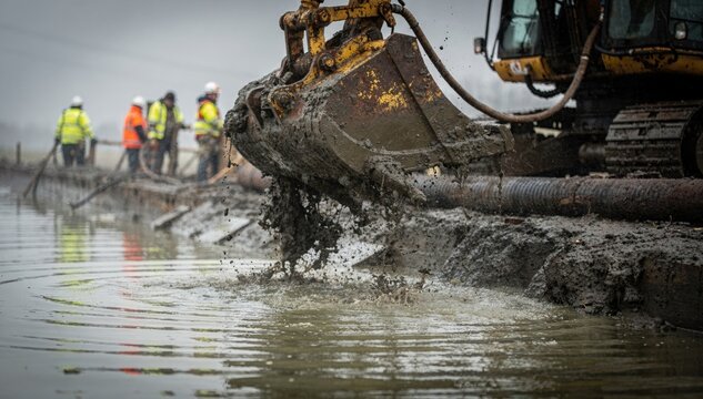 Shot focused on machinery dredging silt from a shallow water moat with blurred workers in protective gear managing the clearing process.