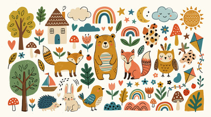 Naklejka premium Cute forest animal and nature doodle clipart set for children.