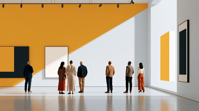 Diverse group of people looking at contemporary art objects at an exhibition in a modern museum, inclusive cultural event concept, with copy space
