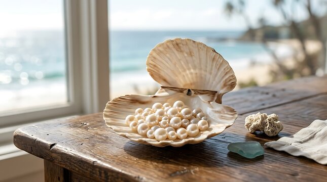 Scallop Shell Filled with Small Pearls.