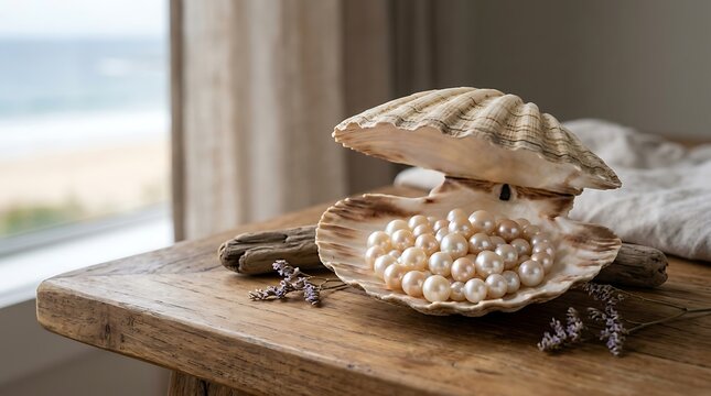 Pearls in shell on wooden table.
