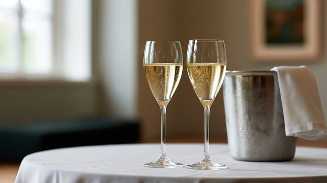Champagne flutes beside an ice bucket and clean reception table in an art gallery, gallery opening event concept, with copy space
