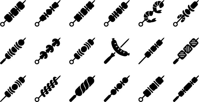 Barbecue Skewer Icons Collection Isolated on White Background &ndash; Grilled Meat, Shrimp, Sausage and BBQ Kebab Vector Set