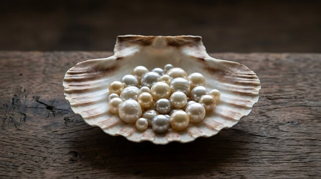 Pearls in a seashell on wood.
