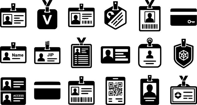 ID Badge Icons Collection Isolated on White Background &ndash; Visitor Pass, Access Card, Conference Credential and Security Identification Vector Set