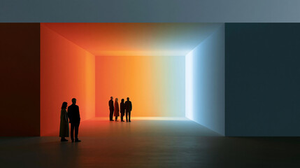 Fototapeta premium Group exploring a colorful immersive digital installation space with glowing gradient walls, tech art and futuristic visuals concept, with copy space