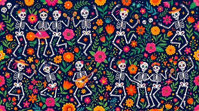 Colorful vector pattern with dancing skeletons and marigold flowers on a dark background
