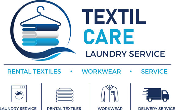 W&auml;scherei und Textilreinigung Logo Set &ndash; Firmenzeichen mit Icons f&uuml;r Mietw&auml;sche, Berufsbekleidung und Lieferservice