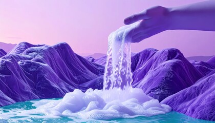 Surreal digital landscape of a hand pouring water into a turquoise lake among purple velvet mountains, dreamlike fantasy background with copy space