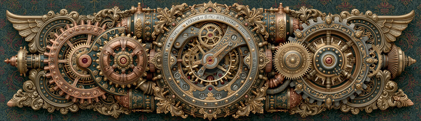 Obraz premium steampunk mechanism with surreal metallic gearwork, intricate industrial clockwork in abstract retrofuturistic design, unique victorian inspired mechanical gears with creative metal textures