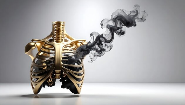 Conceptual 3D Illustration of a Golden Skeleton Ribcage with Black Toxic Smoke Emerging from Lungs, Symbolizing Pollution or Respiratory Disease on Neutral Background with Copy Spa