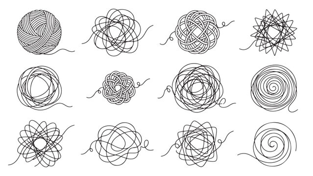 Black yarn ball tangled line and spiral circle illustration set